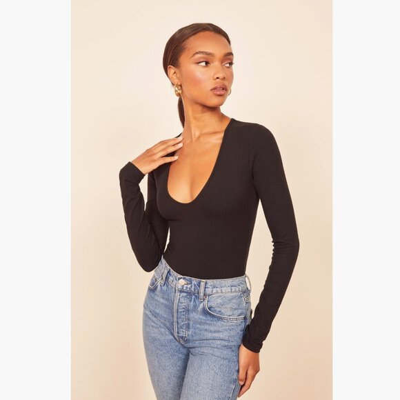Reformation Indie Long Sleeve Bodysuit XL Ribbed Black Minimalist Tencel Fitted - Picture 1 of 9